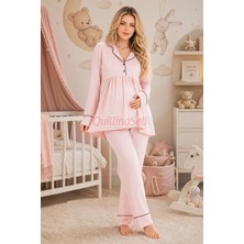 Quilling Bebe Pembe Renkli Kol ve Paçaları Manşetli, 33202 Uzun Kol, 2 Parça Lohusa Hamile Pijama Takımı