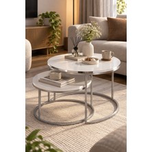 Sulorahome Gümüş Metal Ayaklı Beyaz 2'li Yuvarlak Orta Sehpa Seti