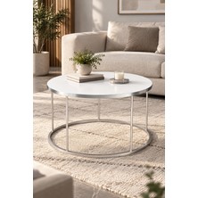 Sulorahome Gümüş Ayaklı Beyaz Yuvarlak Orta Sehpa
