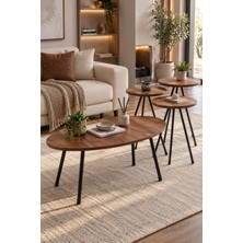 Sulorahome Ceviz Desenli Metal Ayaklı 4'lü Sehpa Seti