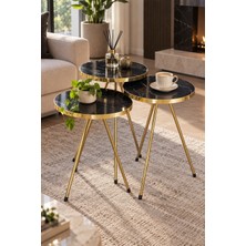 Sulorahome Siyah Mermer Desenli Gold Metal Zigon Sehpa Seti 3'lü