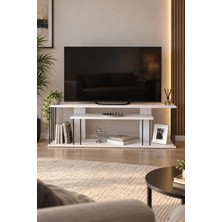 Sulorahome Beyaz Tv Ünitesi 140 cm Raflı Metal Detaylı Tasarım