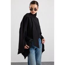 Olcay Kuşak Detaylı Asimetrik Panço Bluz Siyah 9834