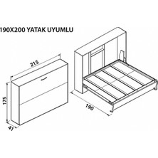 Dizaynaks Katlanır Duvar Yatak Mekanizması 190X200 Yatay Açılır Mekanizma Takım