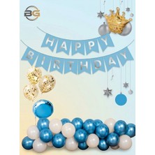Bg Mavi Gümüş Varak Harfli Happy Birthday Banner