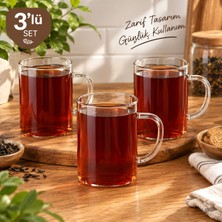 Çemi 3'lü Borosilikat Cam Kupa Bardak Seti 200 ml - Isıya Dayanıklı Kulplu Çay ve Kahve Kupası