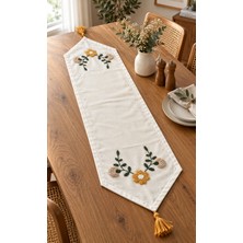 Fuens Punch Işlemeli Çiçek Desenli Keten Dekoratif Vintage Bohem 140X35 Runner Masa Süsü Örtüsü R003