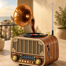 Dexxony Ahşap Gramofon Görünümlü Nostaljik Radyo & Bluetooth Hoparlör USB Sd Kart Dekoratif Müzik Kutusu