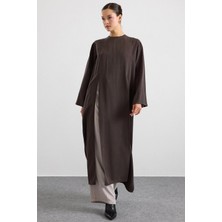 Olcay Derin Yırtmaçlı Oversize Uzun Tunik Kahve 9838