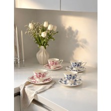 Yş Collection Yş Home - Porselen Kahve Fincanı Takımı 4’lü – Mavi ve Pembe Çiçek Desenli Vintage Fincan Seti