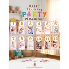 Partyora Pembe Bebek Ilk Yaş Fotoğraf Afişi - 12 Aylık Fotoğraflı Doğum Günü Anı Banner Kit (Kız Bebek)