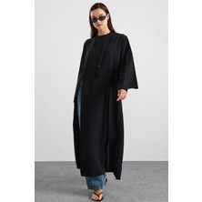 Olcay Derin Yırtmaçlı Oversize Uzun Tunik Siyah 9838