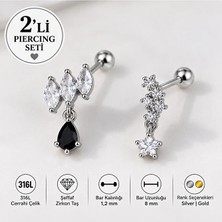 Heppii 2'li Sallantılı Piercing Seti Zirkon Yıldız ve Taş Figürlü 316L Cerrahi Çelik Helix Piercing Kıkırdak Lob