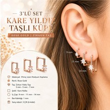 Heppii 3'lü Yıldız Taşlı Kare Küpe Seti Halka Küpe Tektaş Yıldız Detaylı Tragus Helix Lob 9-11-14MM