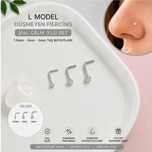 Heppii L Model 3 Adet Düşmeyen Çelik Hızma 1.5 -2 - 3 mm Taşlı Tektaş Burun Piercingi