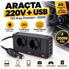 Solezon 12V 220V Araç Inverteri 200W 2 Ac Priz 4 USB Çıkışlı Oto Çakmaklık Dönüştürücü