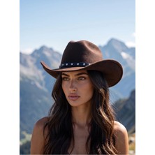 Gigi Luxe Kahverengi Western Kovboy Şapkası Deri Bantlı Stud Detaylı Cowboy
