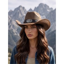 Gigi Luxe Kadın Camel Kovboy Şapkası Boğa Tokalı Deri Bantlı Vintage Western Şapka Kanvas