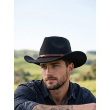 Gigi Luxe Erkek Siyah Western Kovboy Şapkası Örgü Deri Bantlı Cowboy Hat