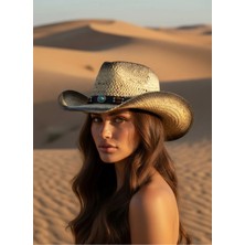 Gigi Luxe Kadın Gölgeli Premium Eskitme Dokulu Western Kovboy Şapkası Boncuklu Hasır Şapka Bohem