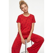 Siyah İnci Kırmızı Kısa Kollu Pamuklu Pijama Takımı