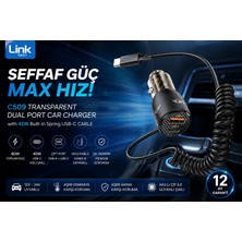 Linktech Araç Çakmaklık Süper Hızlı Şarj Aleti - 12V/24V Şeffaf Çift Pd & Qc Tip-C Kablolu 80W Süper Hızlı Araç Şarj Aleti