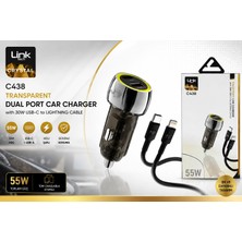 Linktech Araç Çakmaklık Süper Hızlı Şarj Aleti - 12V/24V Şeffaf Pd Qc Tip-C Lightning Kablolu 55W Süper Hızlı Araç Şarj Aleti