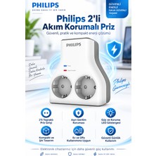 Philips 2'li Akım Korumalı Priz, 1140J Aşırı Gerilim Koruması, Çift Topraklı Priz Girişi, Güç ve Koruma LED Göstergesi, Kablosuz Kompakt Tasarım, Ev ve Ofis Kullanımına Uygun Beyaz Güvenli