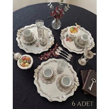 6 Adet Çelik Yuvarlak Dalgalı Model Gümüş Kulplu Servis ve Sunum Tepsisi