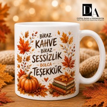 Da Dijital Sonbahar Temalı Kupa Bardak – Kahve Kitap Balkabağı ve Yaprak Desenli Klasik Beyaz Kupa