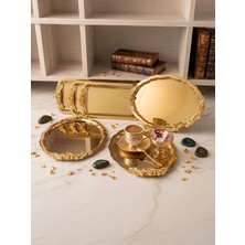 Elzem Tepsi Gold Renk 3 Adet Oval 3 Adet Dikdörtgen Kulplu Model Servis ve Sunum Tepsisi