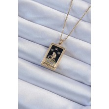 Adalı Store 316L Çelik Zincir Altın Renk Zirkon Taşlı Siyah Mineli Kız Figürlü Tarot Kolye