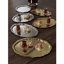 Elzem Tepsi 25 cm Gold ve Gümüş Renk Oval Model 6 Lı Sunum Tepsisi