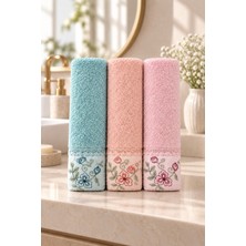 Gonca Bahar Dalı Çiçek Nakışlı El Yüz Havlusu 50X90 cm 3’lü Set %100 Pamuk