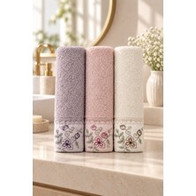 Gonca Bahar Dalı Çiçek Nakışlı El Yüz Havlusu 50X90 cm 3’lü Set %100 Pamuk