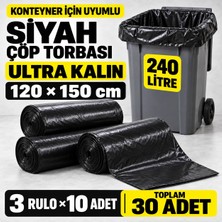 Optimex 120X150 cm Ultra Kalın Siyah Çöp Torbası 30 Adet – 240 Litre Konteyner Uyumlu, 3 Rulo