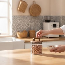 Mey İthalat Kavanoz; Amberhaus Akasya Kapaklı Çizgili Borosilikat, Vakumlu Silikon Contalı Modern Erzak Organizeri (650, Mililitre)