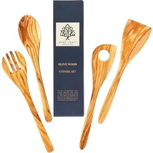 Mey İthalat 30 cm Zeytin Ağacı Mutfak Seti, 4 Parça Ahşap Kaşık, Çatal ve Spatulalar