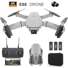 Mey İthalat E88 Drone 4K Hd Çift Kameralı, App Kontrollü, Wifi, Katlanabilir Quadcopter, X3 Batarya, Gri, E88DRONE