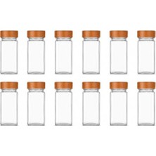 Mey İthalat Baharatlık; Bambu Kapaklı Cam Takımı 12 Adet, Şeffaf Kare Baharat Kavanozu, Plastik Delikli Iç Kapaklı Kontrollü Döküm Sistemi, 11X4X4 cm Mutfak Düzenleyici Baharat Saklama Kabı Seti
