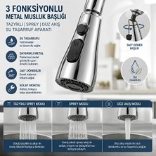 Mey İthalat 3 Fonksiyonlu Metal Musluk Başlığı, 360° Döner, Tazyikli Spreyli Su Tasarruf Aparatı, Mutfak ve Banyo