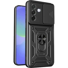 Mey İthalat Samsung Galaxy A37 Uyumlu Siyah Silikon Kılıf, Yüzük Standlı, Mıknatıslı ve Kamera Lens Korumalı