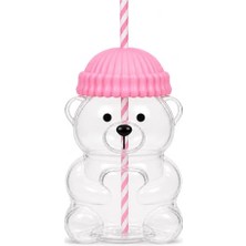 Trendexa 580 ml Ayıcık Desenli Cam Bardak, Pipetli Silikon Kapaklı, Şeffaf Cam Kupa