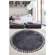 Trendexa Relax Antrasit Yuvarlak Çocuk Odası Halısı, 120X120 Cm, Ponpon Saçaklı, Peluş