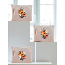 Trendexa Çiçek Buketi Baskılı 3'lü Makyaj Çantası 20X25 Cm; Kadın Doğum Günü Hediyesi, LH93824723452351321
