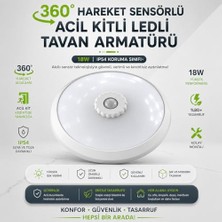 Trendexa 18W Beyaz LED Tavan Lambası, 360 Derece Hareket Sensörü ve Acil Kit