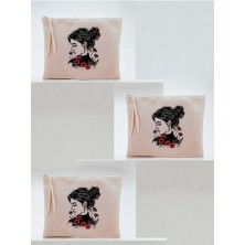 Trendexa Çiçekli Kadın Baskılı 3'lü Makyaj Çantası 20X25 cm Bej, LH90827423523"123123