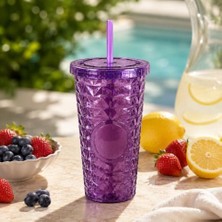 Trendexa 500 ml Mor Kapaklı Pipetli Mika Bardak, Plastik Içecek Bardağı