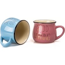 Trendexa Kupa; Mukko Home 2'li Emaye Görünümlü Porselen Seti Good Morning Gold Yazılı 150 Ml, Pembe & Mavi