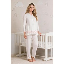 Quilling Ekru Renkli Dantel Detaylı, 33201 Uzun Kol, 2 Parça Lohusa Hamile Pijama Takımı